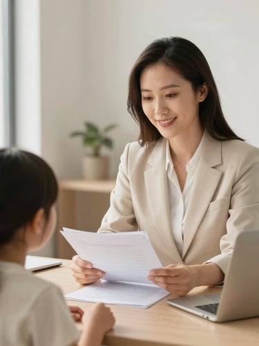 A reassuring coordinator in a warm cream-toned office reviewing documents with a family, soft natural light, professional and comforting atmosphere, 35mm lens