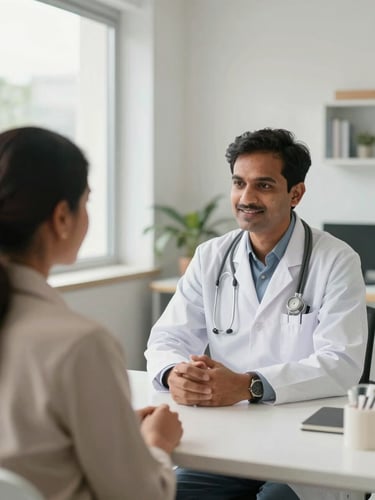 Warm editorial photography, soft natural daylight, a professional Indian medical specialist consulting with a patient in a bright, modern hospital office, reassuring and clinical mood, 35mm lens