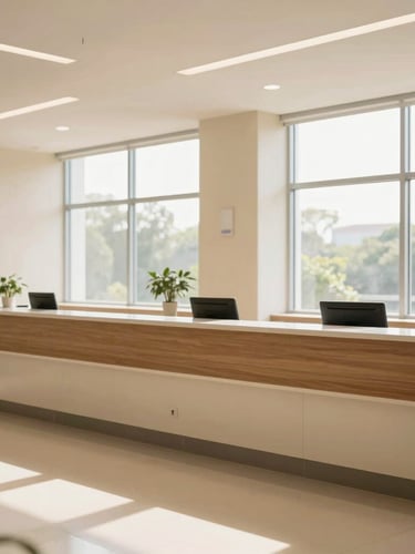 A wide environmental shot of a clean, modern hospital reception in India, soft daylight streaming through large windows, warm cream tones.