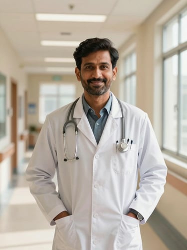 A warm editorial portrait of a professional Indian medical doctor in a bright, modern hospital corridor, soft natural daylight, reassuring atmosphere.
