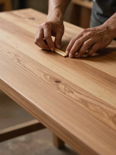 Close-up of a woodworker finishing a solid oak tabletop with natural oil, warm industrial workshop setting, side lighting, focus on hands and wood grain