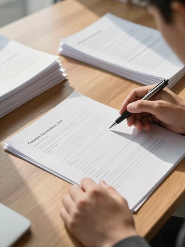 Close-up overhead shot of hands reviewing printed financial documents on a wide wooden desk, a pen resting beside organized paper stacks, soft natural daylight from a nearby window casting gentle shadows, no faces visible