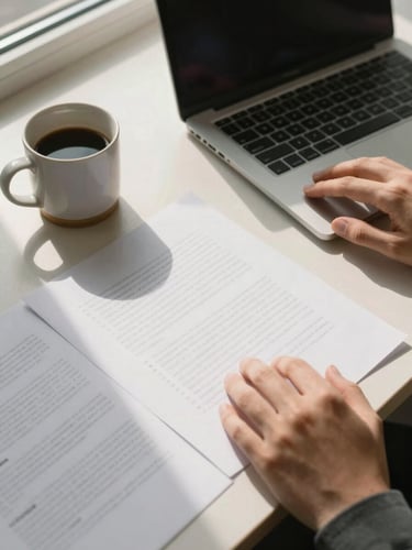 Close view from above of organized desk workspace — hands resting near open laptop and printed documents, a ceramic coffee cup to the side, warm natural daylight from a window casting soft shadows across the papers, minimal and clean