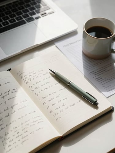 Wide desk workspace overhead shot, open notebook with handwritten notes, laptop keyboard visible at edge, natural window light casting soft shadows across organized papers and a ceramic coffee mug, sage green pen resting on the page