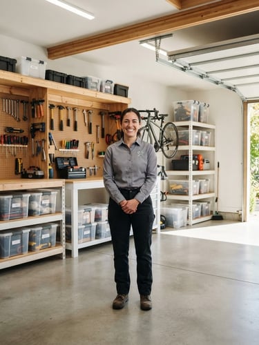 Wide shot of a professional team member in a clean uniform, smiling, standing in a brightly lit, newly organized garage with tools neatly hung and storage bins stacked, natural daylight streaming in from an open garage door, crisp details, warm minimal aesthetic, 35mm lens