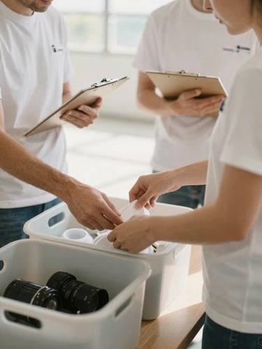 A close-up of two professional team members in clean uniforms, one gently sorting items into labeled bins, the other holding a clipboard, in a brightly lit, clean garage, soft shadows, organized spaces, warm minimal aesthetic, 35mm lens