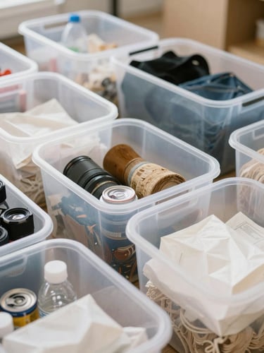 Close-up of neatly sorted items in clear bins, ready for recycling or donation, bright natural daylight, clean editorial photography, organized spaces, warm minimal aesthetic, 35mm lens