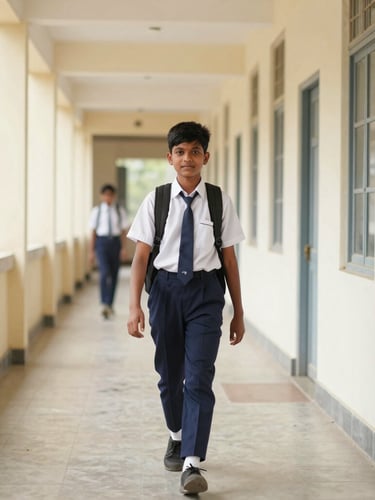 Bright editorial photography of a clean Indian school corridor, natural daylight, a student in a neat navy and white uniform walking with a backpack, 35mm lens