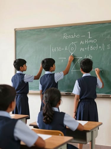 Indian school children in clean navy uniforms working with a digital smartboard in a bright, modern classroom, warm natural light