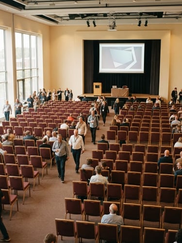 Wide shot of a brightly lit conference hall with neat rows of chairs and a projector screen, natural daylight from side windows, warm cream walls, 35mm photography.