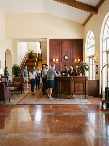 A warm, brightly lit hotel lobby entrance with cream walls, polished floors, and a welcoming reception desk, natural daylight, 35mm photography