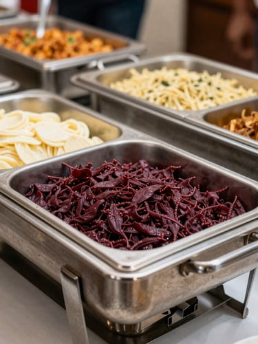 Close-up of a buffet table featuring fresh North Indian dishes in stainless steel chafing dishes, warm inviting lighting, active but unpretentious.