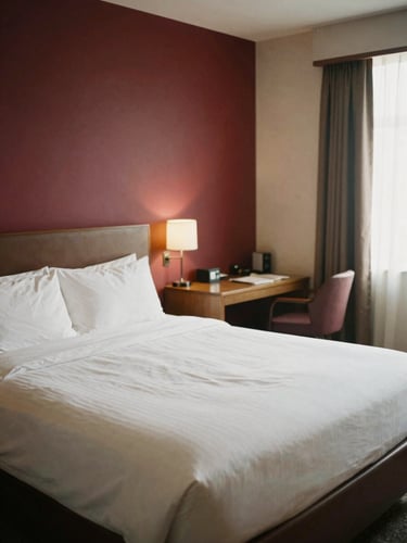 A clean and comfortable deluxe hotel room with a neatly made double bed, crisp white sheets, warm lighting, and a modern desk setup, 35mm photography