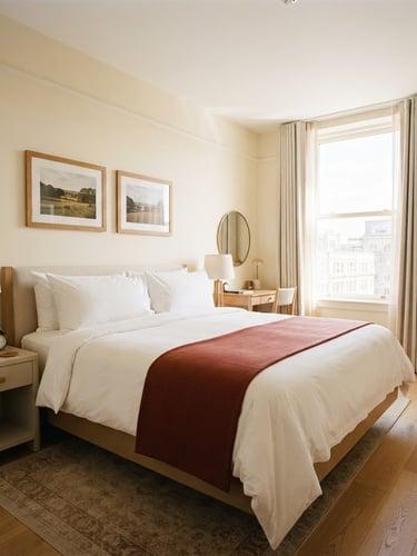 Wide shot of a clean, bright hotel room with a neatly made bed, natural daylight, warm maroon runner, straightforward framing