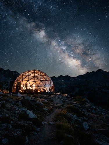 Long-exposure 35mm night photography of a geodesic dome glowing softly from within under a brilliant Milky Way, deep indigo and obsidian tones, sharp astronomical details.
