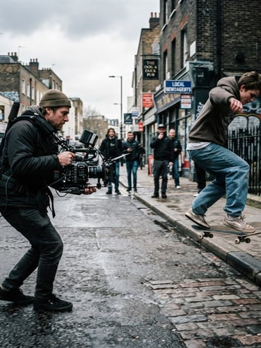 Gritty 35mm film grain photo of a handheld camera rig filming a fast-moving skater on a London street under overcast sky, high contrast, raw underground editorial style.