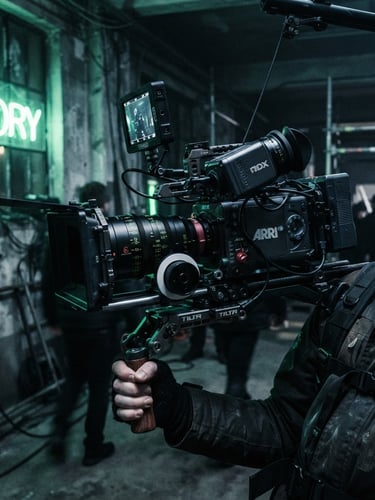 Gritty editorial close-up of a high-end cinema camera rig on a shoulder mount, harsh neon green reflections, dark London warehouse setting, 35mm film grain.