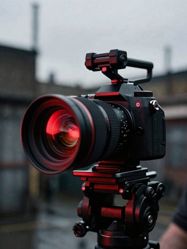 Close-up of a high-end camera rig on a shoulder mount, harsh red neon light reflecting off the lens glass, dark gritty industrial studio background.