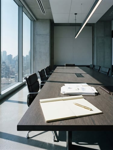 Wide shot of a modern, minimalist boardroom table with structured documents, sharp architectural lighting, cool-toned daylight, a single brass pen on a legal pad, 35mm lens.