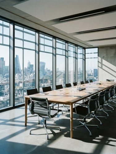 Wide shot of a modern, minimalist boardroom with a large conference table, natural light streaming through tall windows, and sharp architectural shadows, cool-toned daylight