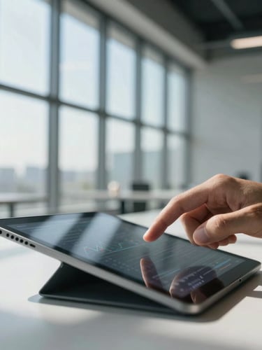 Close-up of a hand analyzing data on a tablet, architectural interior background, sharp window shadows, cool-toned daylight, high-contrast