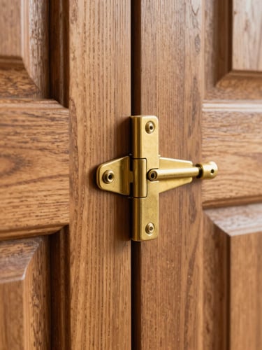 Macro detail shot of a pristine custom timber garage door joint, showcasing the rich wood grain and a solid brass technical hinge.