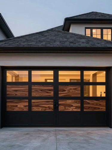 Straight-on architectural wide shot of a modern Bloomfield Hills estate at dusk, featuring a custom walnut and black steel garage door reflecting warm interior light.