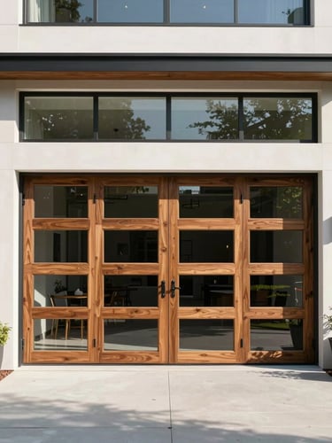 Straight-on architectural photograph of a modern glass and custom timber garage door facade on a luxury Bloomfield Hills estate, bright natural daylight, crisp clean shadows.
