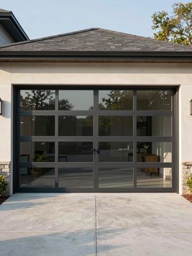 A straight-on architectural shot of a modern glass-paneled garage door on a high-end Bloomfield Hills home, clean concrete driveway, crisp morning daylight.