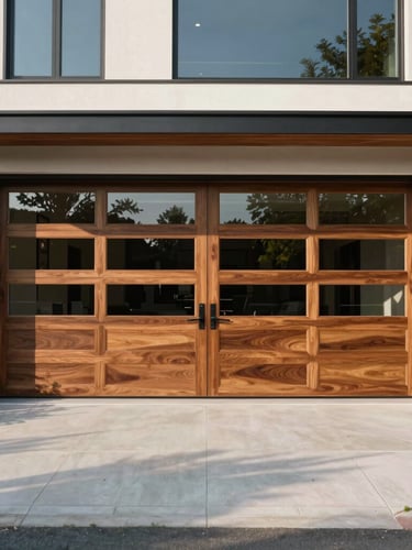 Straight-on architectural wide shot of a modern luxury estate in Bloomfield Hills, featuring a custom cedar wood and glass garage door integrated seamlessly into the facade, bright morning light, crisp shadows.
