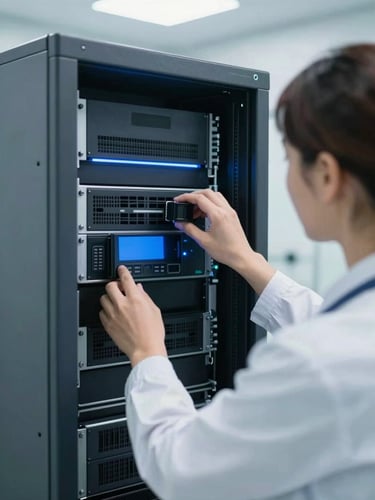 Over-the-shoulder shot of a clinical IT administrator configuring a PACS server in a bright server room, soft blue LED glows, professional medical tone, 35mm lens