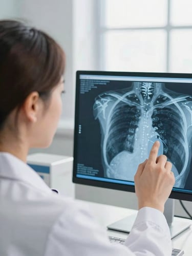 Over-the-shoulder shot of a radiologist analyzing a high-resolution chest CT scan on a dual-monitor setup with subtle blue diagnostic overlays, bright clean clinical environment, soft natural daylight, professional medical tones, 35mm lens