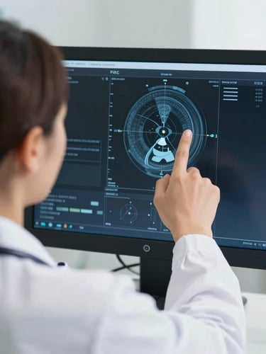 Over-the-shoulder shot of a clinical radiologist pointing at a high-resolution PACS monitor with subtle AI diagnostic overlays, bright natural daylight, professional medical tones, 35mm lens