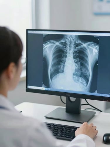 Over-the-shoulder shot of a radiologist in a bright clinical room analyzing a chest CT scan on a high-resolution diagnostic monitor with subtle blue screen glow, 35mm lens