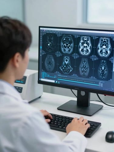 Over-the-shoulder medium shot of a radiologist analyzing high-resolution MRI scans on a dual-monitor setup with subtle clinical AI diagnostic overlays, soft daylight mixed with blue screen glow, clinical editorial photography