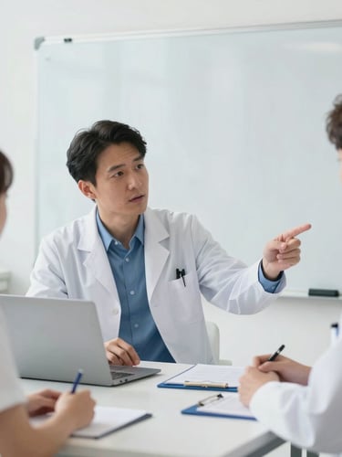 A collaborative clinical meeting in a bright hospital office, a medical IT specialist and a radiologist discussing diagnostic workflows in front of a clean white board, professional medical tones