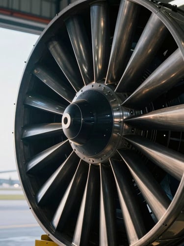 Aviation maintenance engineer inspecting a turbine blade inside a brightly lit hangar, dramatic metallic shadows, cool morning light, sharp focus, 35mm.
