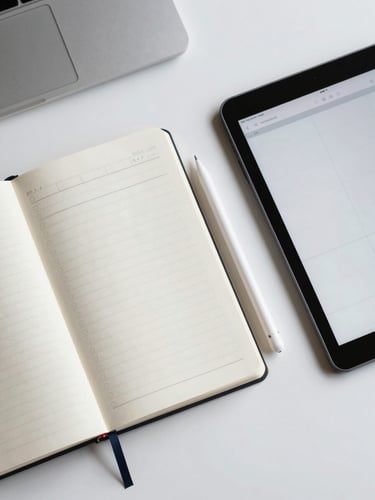 Overhead flat-lay of a clean desk — open notebook with structured zone labels, a stylus, and a tablet showing a minimal grid interface, cool artificial office light, high-key, shadow-minimal