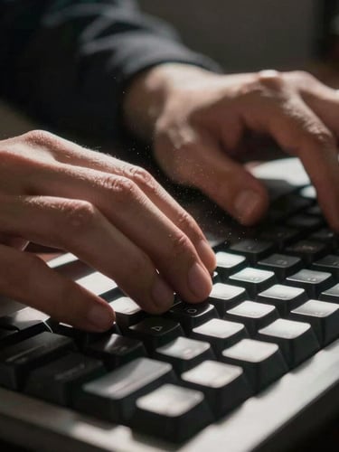 Extreme close-up of hands typing on a mechanical keyboard in a dimly lit legal archive, dust motes in a single shaft of light, high-contrast shadows.