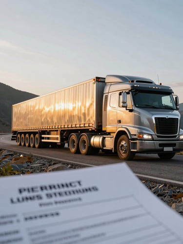 Wide-angle shot of a multi-axle heavy haul truck navigating a mountain pass at golden hour, low sun highlighting metallic textures, with a permit document partially visible in the foreground, low angle.