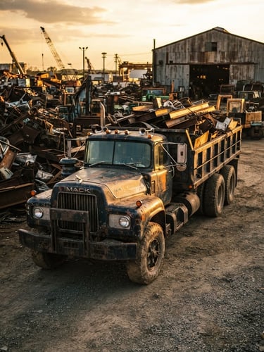 Vintage heavy-duty truck, multi-axle, parked in an industrial yard at golden hour, low-angle wide shot, metallic textures, dust.