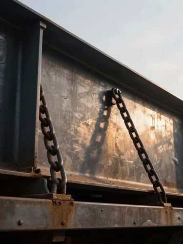 Close-up of heavy chains securing a massive steel structure on a flatbed, metallic textures, dust, dramatic overcast daylight, 35mm lens.