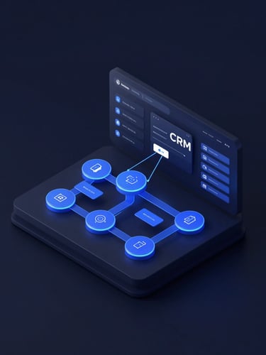 Isometric clean 3D render of a dark-mode CRM dashboard, glowing cobalt data paths, node-based automation flows, soft studio lighting on deep navy background