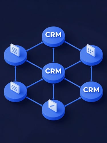 Isometric 3D render of a node-based workflow diagram showing data flowing between CRM and outreach nodes, cobalt blue lines, dark navy background, soft studio lighting.