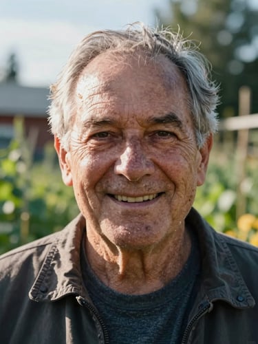 Dignified close-up portrait of an older gentleman with a warm smile, outdoor Calgary community garden setting, bright natural sunlight, eye-level candid framing.