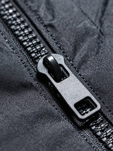 Macro shot of heavy-duty black tactical zipper on dark charcoal technical fabric, harsh clinical overhead studio lighting, sharp focus on reinforced double-stitching