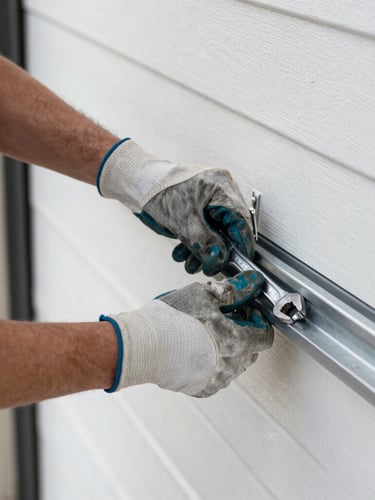 Close-up of a professional technician's hands in heavy-duty work gloves adjusting a steel garage door track with a wrench, bright natural daylight, clean focus, 35mm lens
