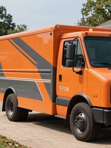 A clean orange and charcoal service truck parked in a residential driveway in Central Illinois, bright morning daylight, sharp focus on the vehicle branding
