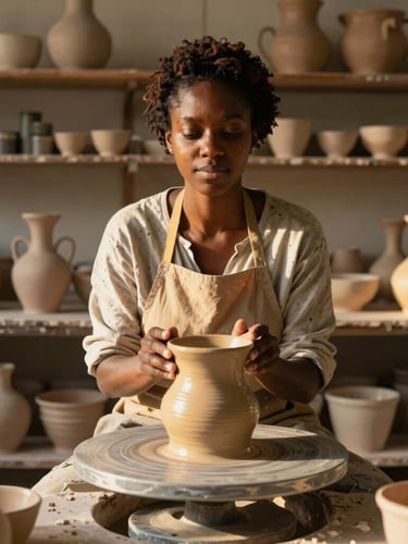 Warm environmental portrait of a Black female artisan in her sunlit ceramic workshop, golden-hour light reflecting off clay vessels, medium shot, high contrast.