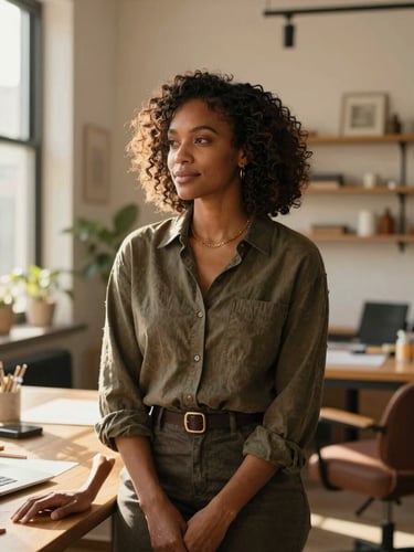 Warm editorial portrait of a Black woman entrepreneur in a sunlit, high-end design studio, looking confidently toward the left, medium format photography.